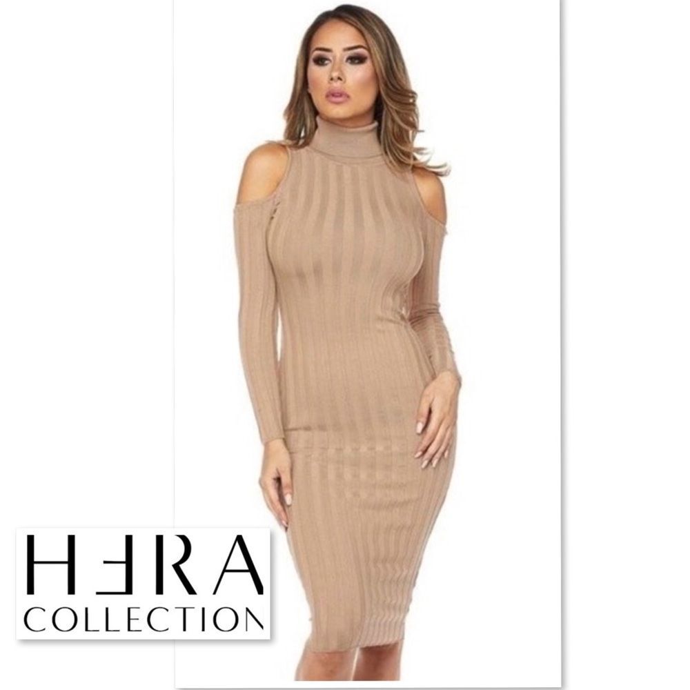 HERA Collection Ribbed Cold Shoulder Midi Knit Dress S Tan Beige Stretch Bodycon - Picture 2 of 10